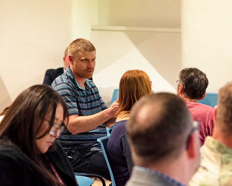 Jeremy Decker, tribal liaison, USACE-Albuquerque District, discusses archeological details with USACE and Pueblo of Isleta staff during the kick-off meeting for the cultural preservation study of the pueblo’s historic Pottery Mound site, April 7, 2025.