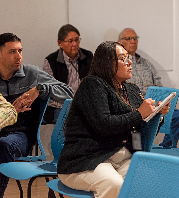 Lavonna Begay, civil engineer in the Albuquerque District’s Hydraulics and Hydrology Section, takes notes during the kick-off meeting for the cultural preservation study of Isleta Pueblo’s historic Pottery Mound site, April 7, 2025.