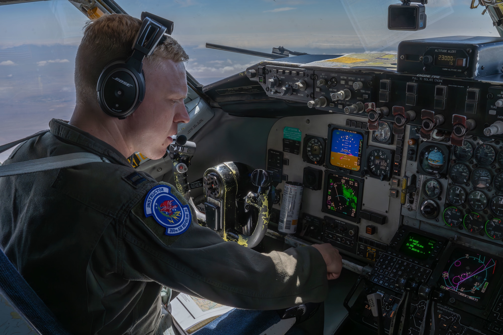 Capt. Luke Hartings, 350th Air Refueling Squadron KC-135 Stratotanker pilot, flies through mountainous terrain April 16, 2025, over California. Hartings participated in a low-level flying mission to build skills and confidence in preparation for U.S. Air Force Weapons School. (U.S. Air Force photo by Airman 1st Class Paula Arce)