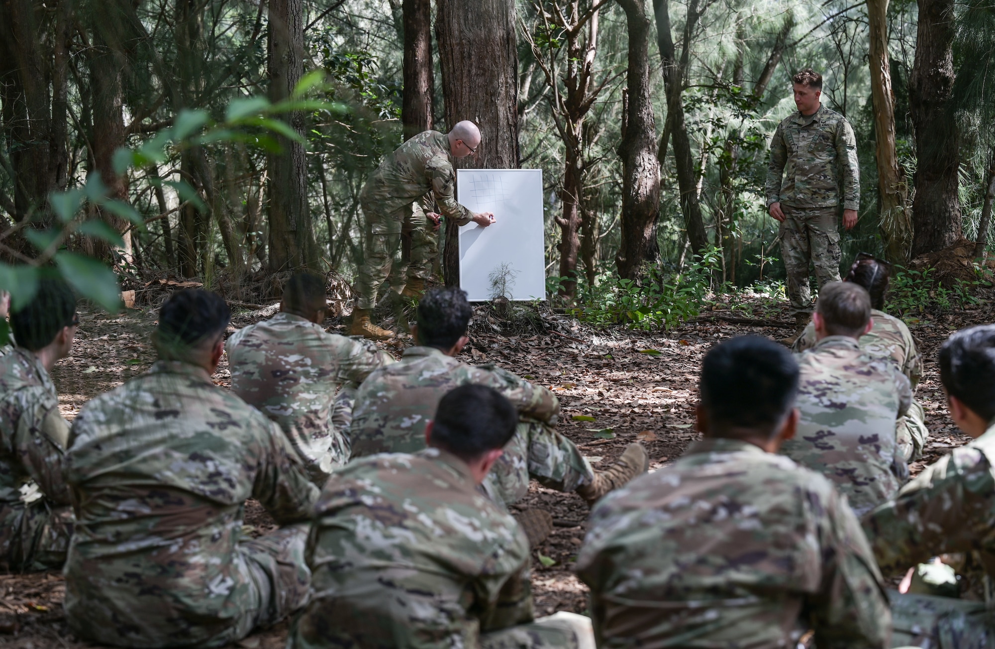 Airmen being instructed by soldiers in the forest.