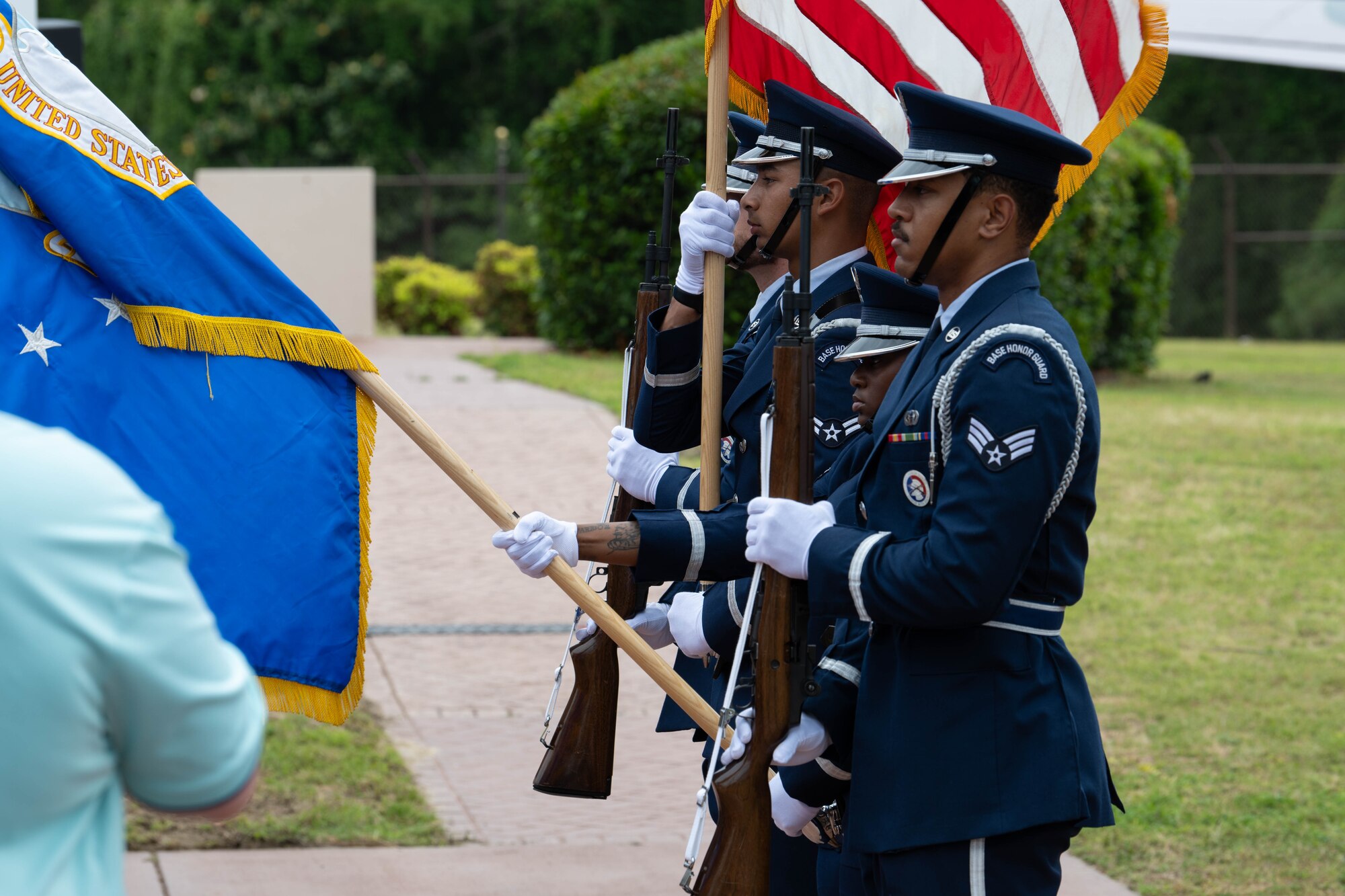 U.S. Air Force Base Honor Guardsmen present the colors at the 45th anniversary of Operation Eagle Claw remembrance ceremony at Hurlburt Field, Florida., April 24, 2025.