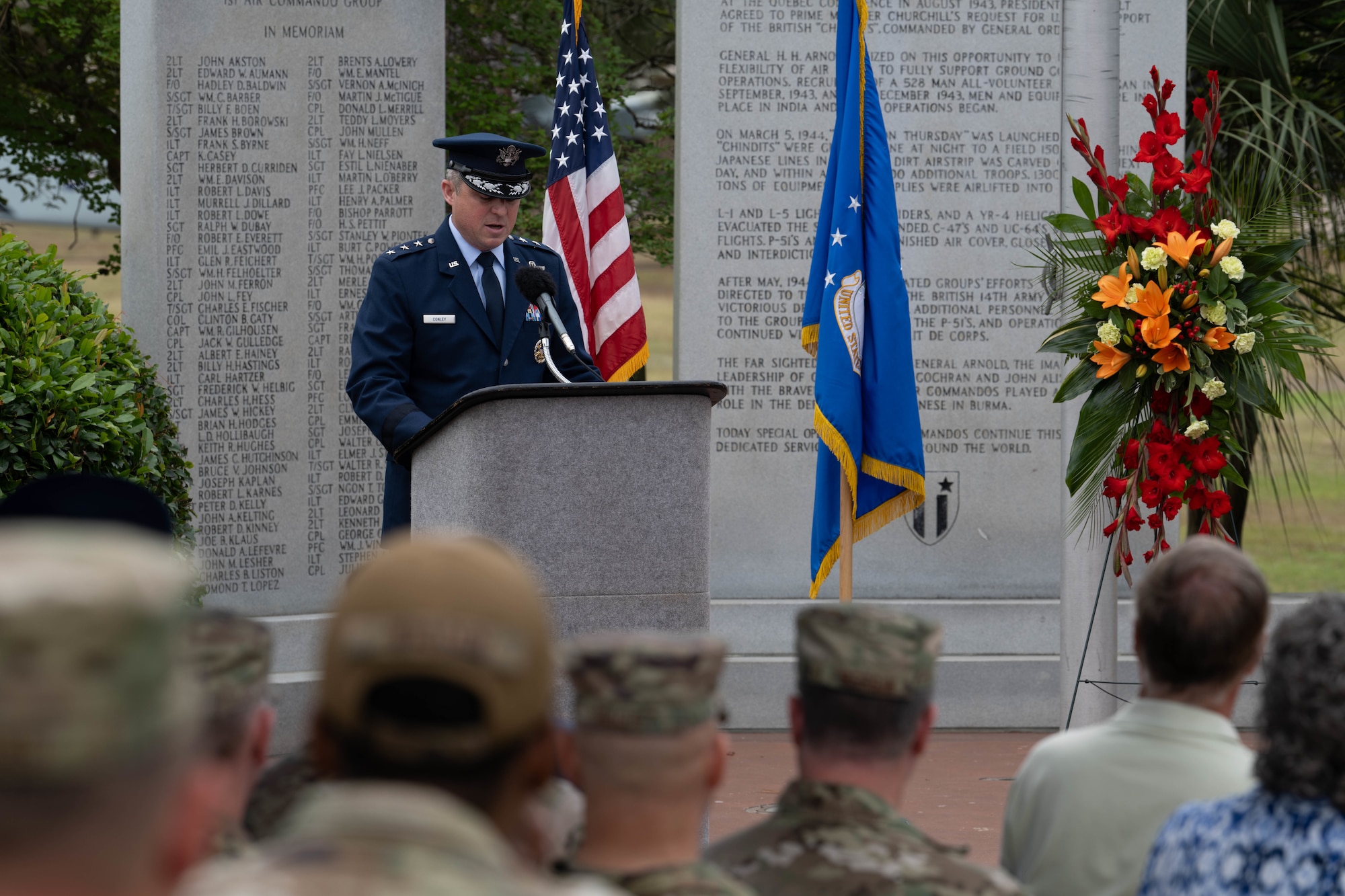 U.S. Air Force Lt. Gen. Michael Conley, commander of Air Force Special Operations Command, provides remarks during a ceremony for the 45th anniversary of Operation Eagle Claw at Hurlburt Field, Florida., April 24, 2025.
