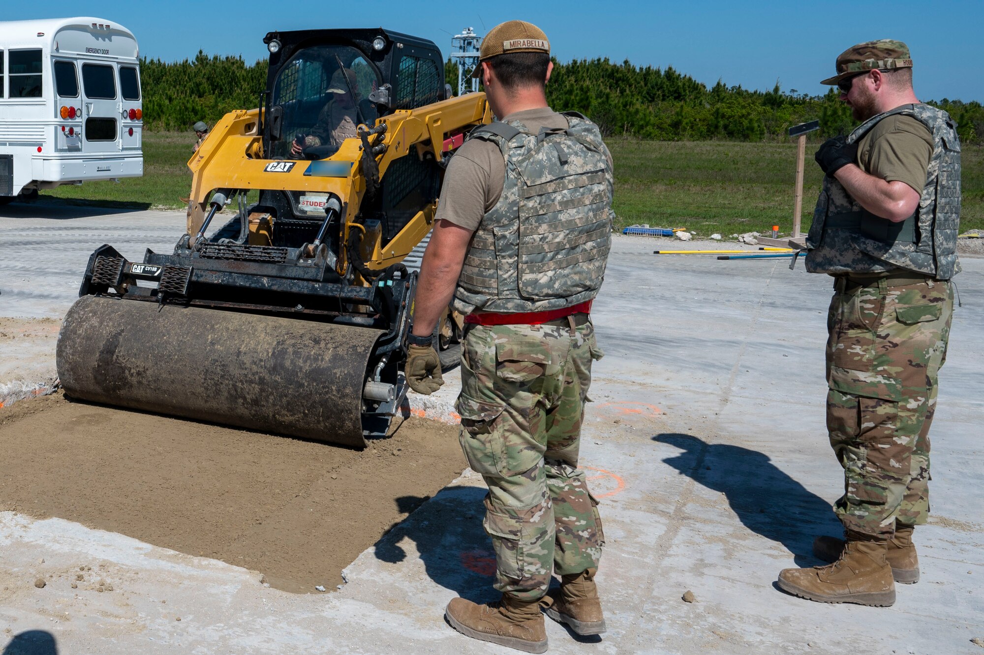 U.S. Air Force Airmen assigned to the 22nd Air Task Force, perform crater repair on the flightline during a Silver Flag exercise at Tyndall Air Force Base, Florida, April 8, 2025. Airfield recovery involves debris removal, crater repair, and infrastructure restoration to rapidly repair damage and restore airfield functionality, ensuring aircraft can continue operations efficiently. The 22nd ATF participated in rigorous exercises and diverse training programs to ensure that ATFs are fully prepared to execute assigned missions. (U.S. photo by Airman 1st Class Samantha Thorn)