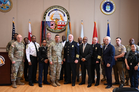 Maj. Gen. John C. Andonie, Commanding General (Interim) of the District of Columbia National Guard, joins D.C. ESGR (Employer Support of the Guard and Reserve) Chair Kelvin Hart, and local law enforcement representatives during the “Beyond the Badge” luncheon at the D.C. Armory, on April 15, 2025. Hosted by the D.C. ESGR and the D.C. National Guard, the event recognized employers and agencies that support service members within the law enforcement community. ESGR, a Department of Defense office, was established in 1972 to promote cooperation and understanding between Reserve Component Service members and their civilian employers and to assist in the resolution of conflicts arising from an employee's military commitment.
