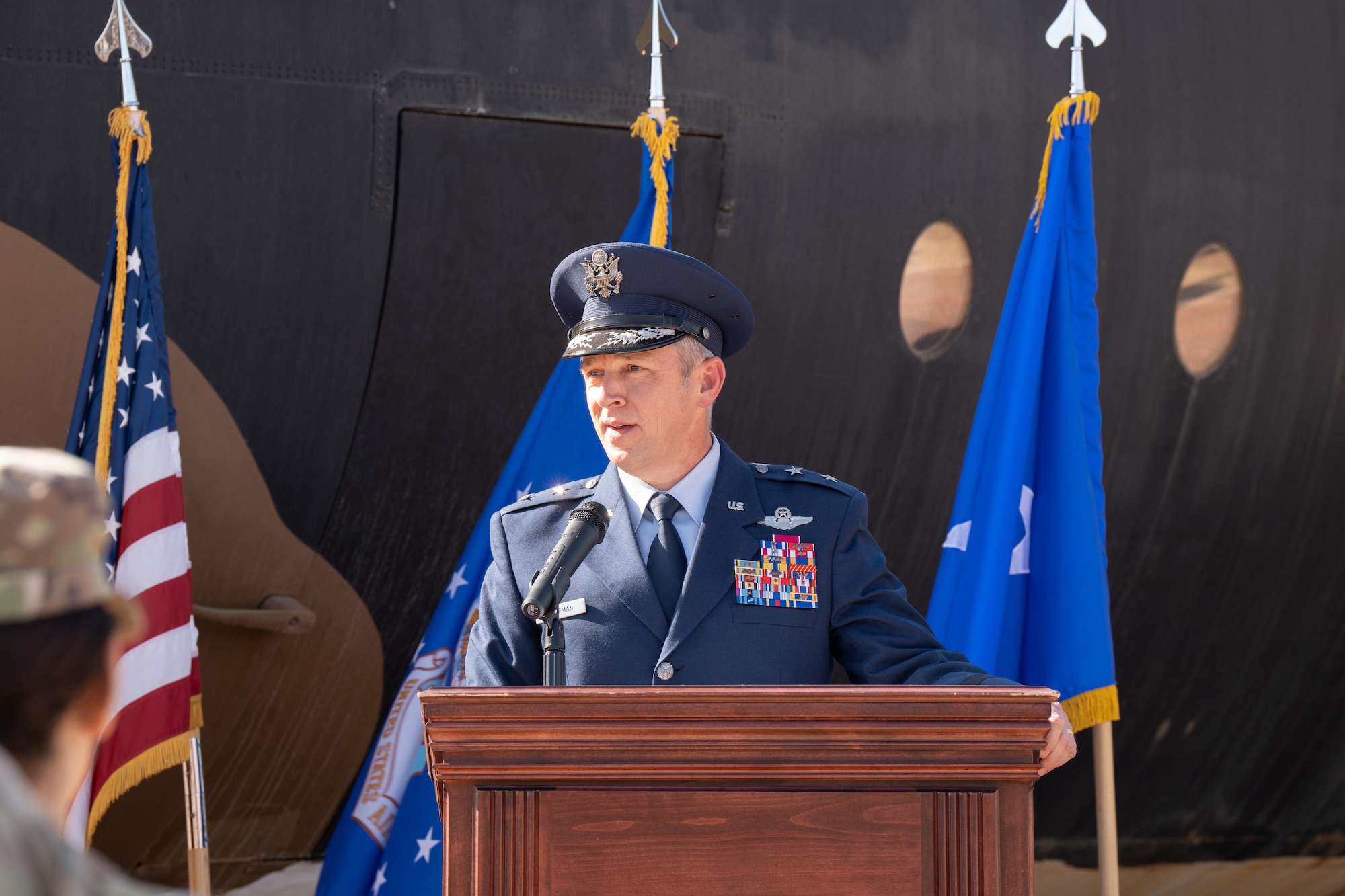 U.S. Air Force Maj. Gen. Justin Hoffman, Air Force Special Operations Command deputy commander, delivers remarks during the Operation Eagle Claw ceremony at Cannon Air Force Base, New Mexico
