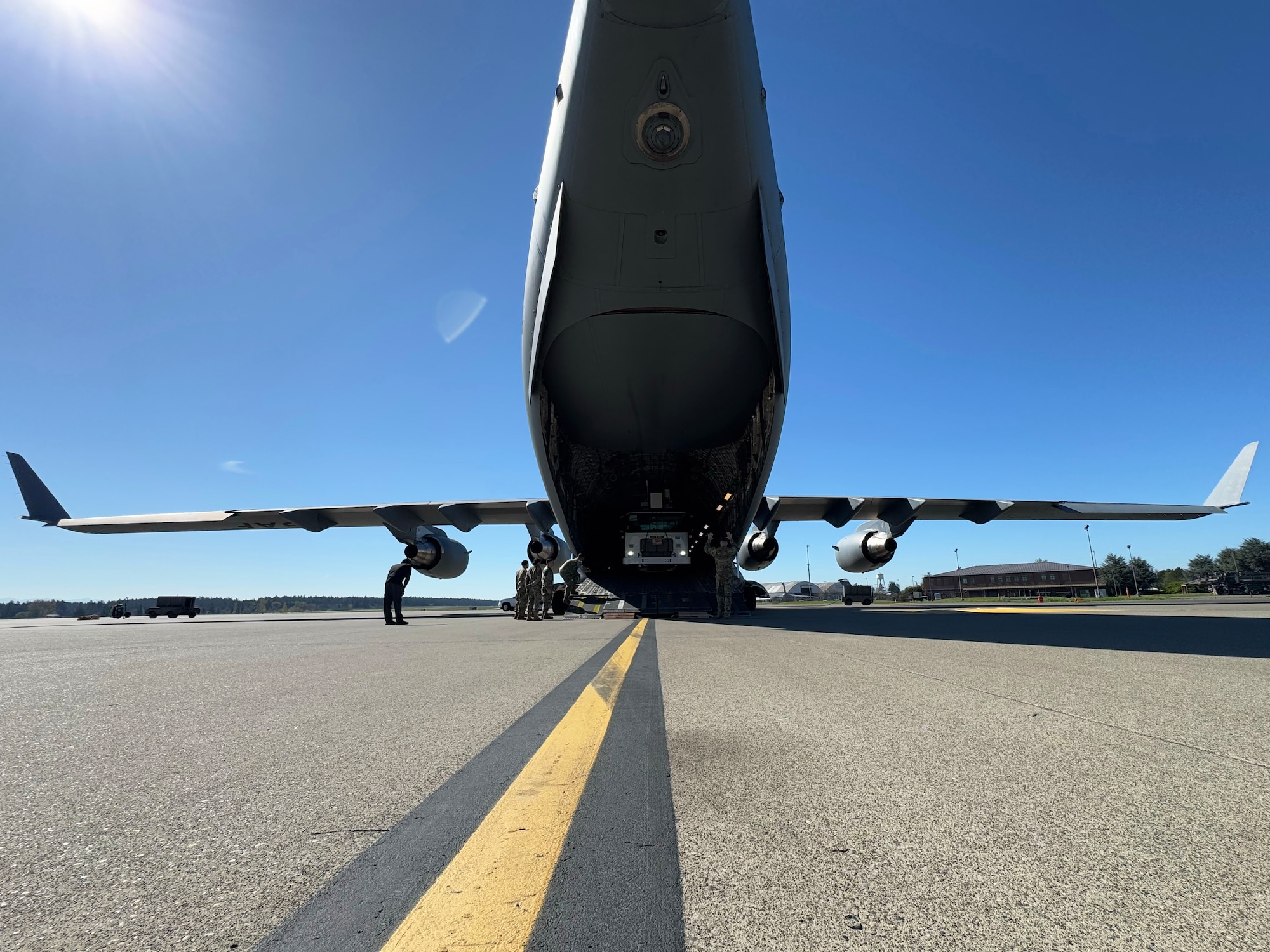 Team McChord Airmen and civilians across 62d Aerial Port Squadron, 62d Maintenance Group and the 4th Airlift Squadron loaded an Altec high-reach crane onto a C-17 Globemaster III at Joint Base Lewis-McChord, Washington, April 17, 2025. The crane was transported to Arizona to facilitate the replacement of the pitch trim actuator in the tail of another 62d Airlift Wing C-17. This crucial transport ensures Team McChord Airmen and aircraft are returned to a mission-capable status to support today’s global airlift mission.