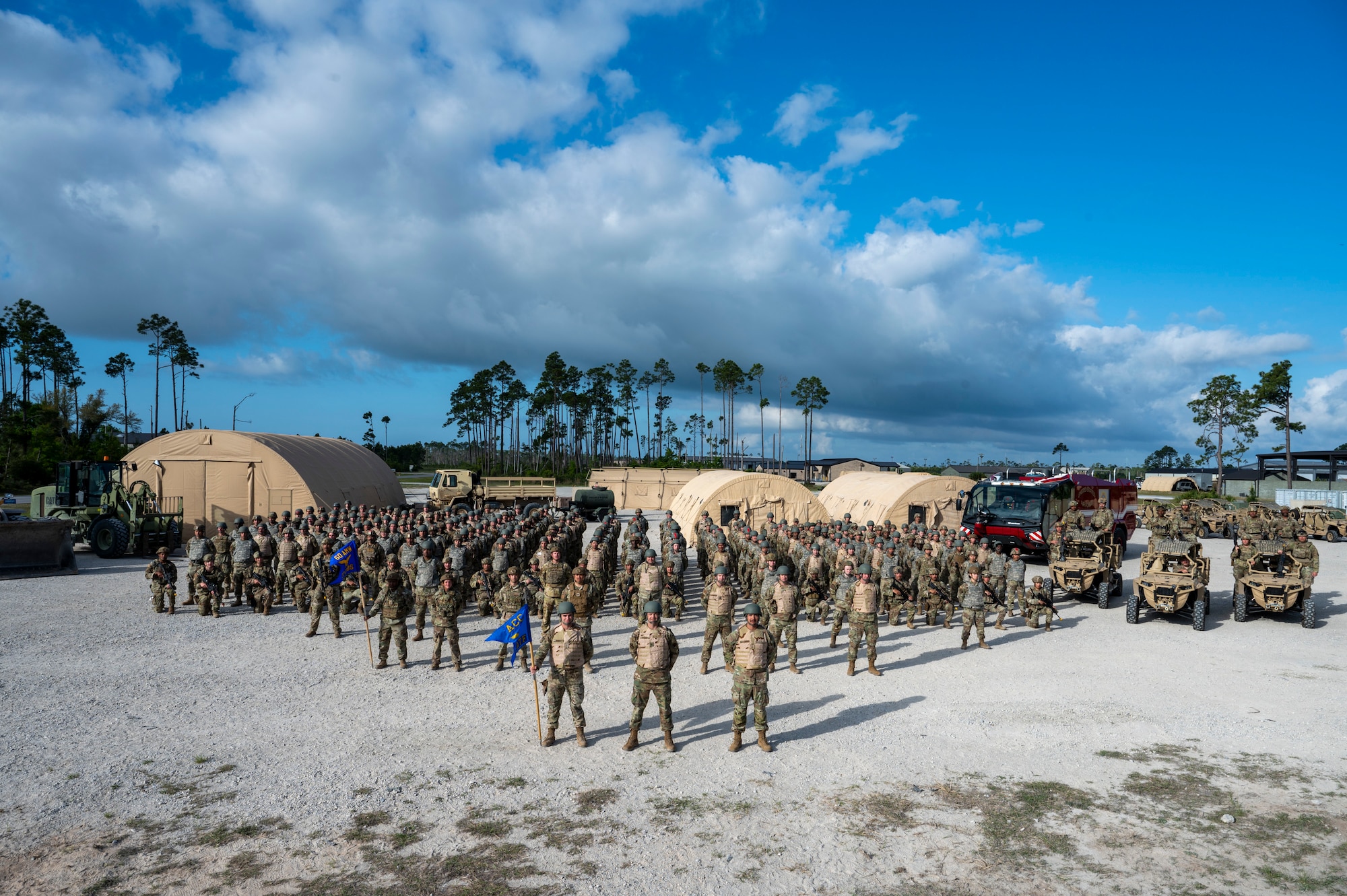 U.S. Air Force Airmen assigned to the 22nd Air Task Force stand in formation at Tyndall Air Force Base, Florida, April 15, 2025. MAGPIE was a readiness exercise designed to evaluate and enhance the operational skills of the 22nd ATF, ensuring that they are an agile and responsive asset within our Air Force. (U.S. Air Force photo by Airman 1st Class Samantha Thorn)