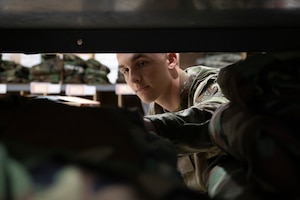 Tatianna Nojadera, 36th Logistic Readiness Squadron, ensures that the gear is being accounted for at Andersen Air Force Base, Guam, April 23, 2025. Documentation provides proof of existence and unveils whether or not more gear is needed. (U.S. Air Force photo by Airman 1st Class Joseph Maye)