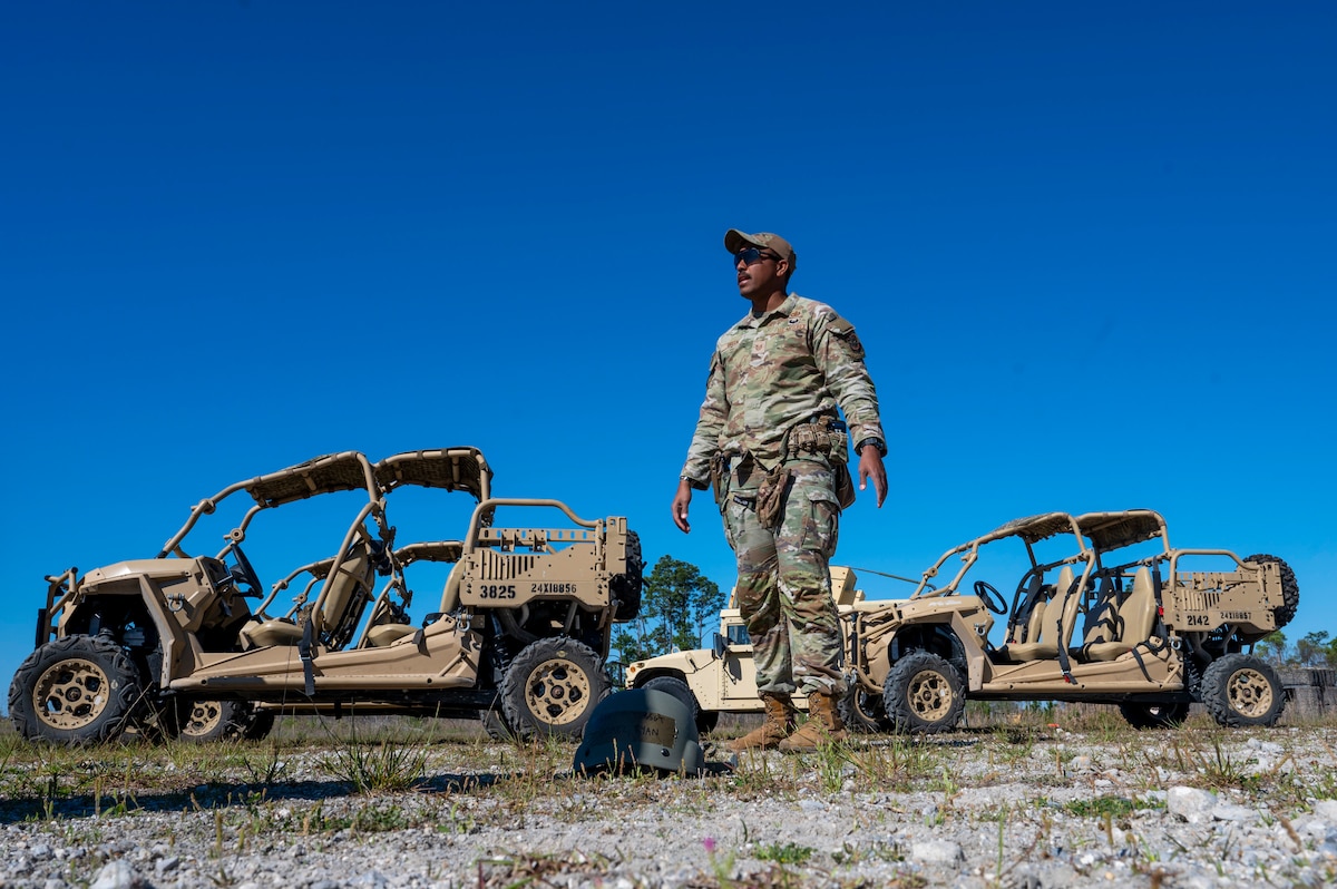 U.S. Air Force Tech. Sgt. Corey Green, a weapons and tactics instructor assigned to the 22nd Air Task Force, teaches mounted tactics during exercise MAGPIE at Tyndall Air Force Base, Florida, April 13, 2025. Mounted tactics procedures consist of movement and maneuvers executed from vehicles during tactical operations. This exercise was designed to evaluate and enhance the operational skills of 22nd ATF, ensuring that they are an agile and responsive asset within our Air Force. (U.S. photo by Airman 1st Class Samantha Thorn)