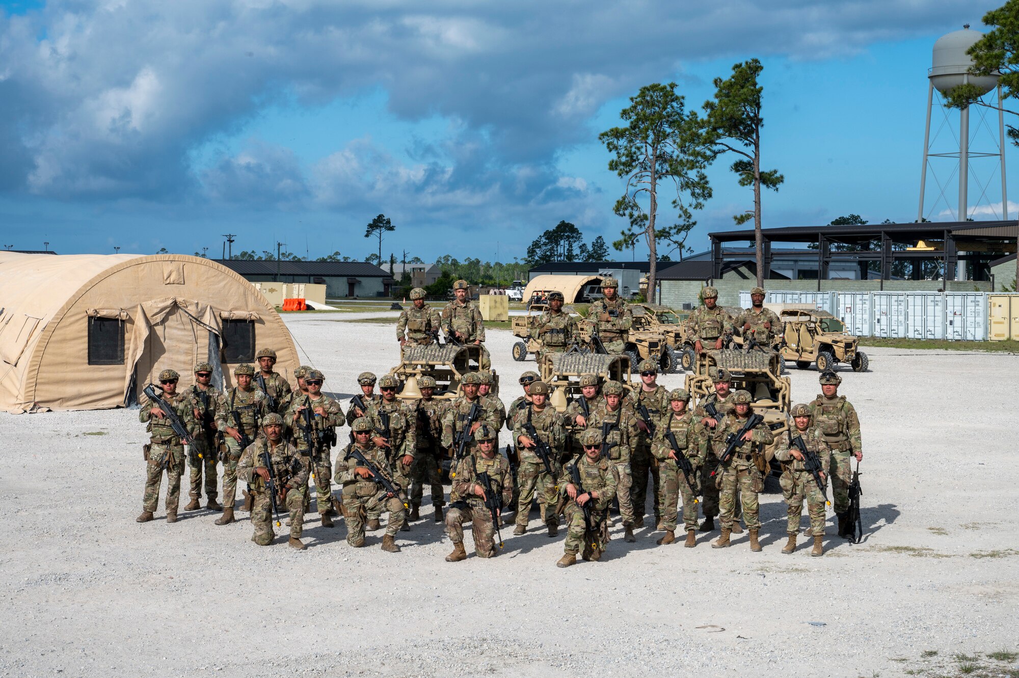 U.S. Air Force Security Forces members assigned to the 22nd Air Task Force pose for a group photo at Tyndall Air Force Base, Florida, April 15, 2025. MAGPIE was a readiness exercise designed to evaluate and enhance the operational skills of the 22nd ATF, ensuring that they are an agile and responsive asset within our Air Force. (U.S. Air Force photo by Airman 1st Class Samantha Thorn)