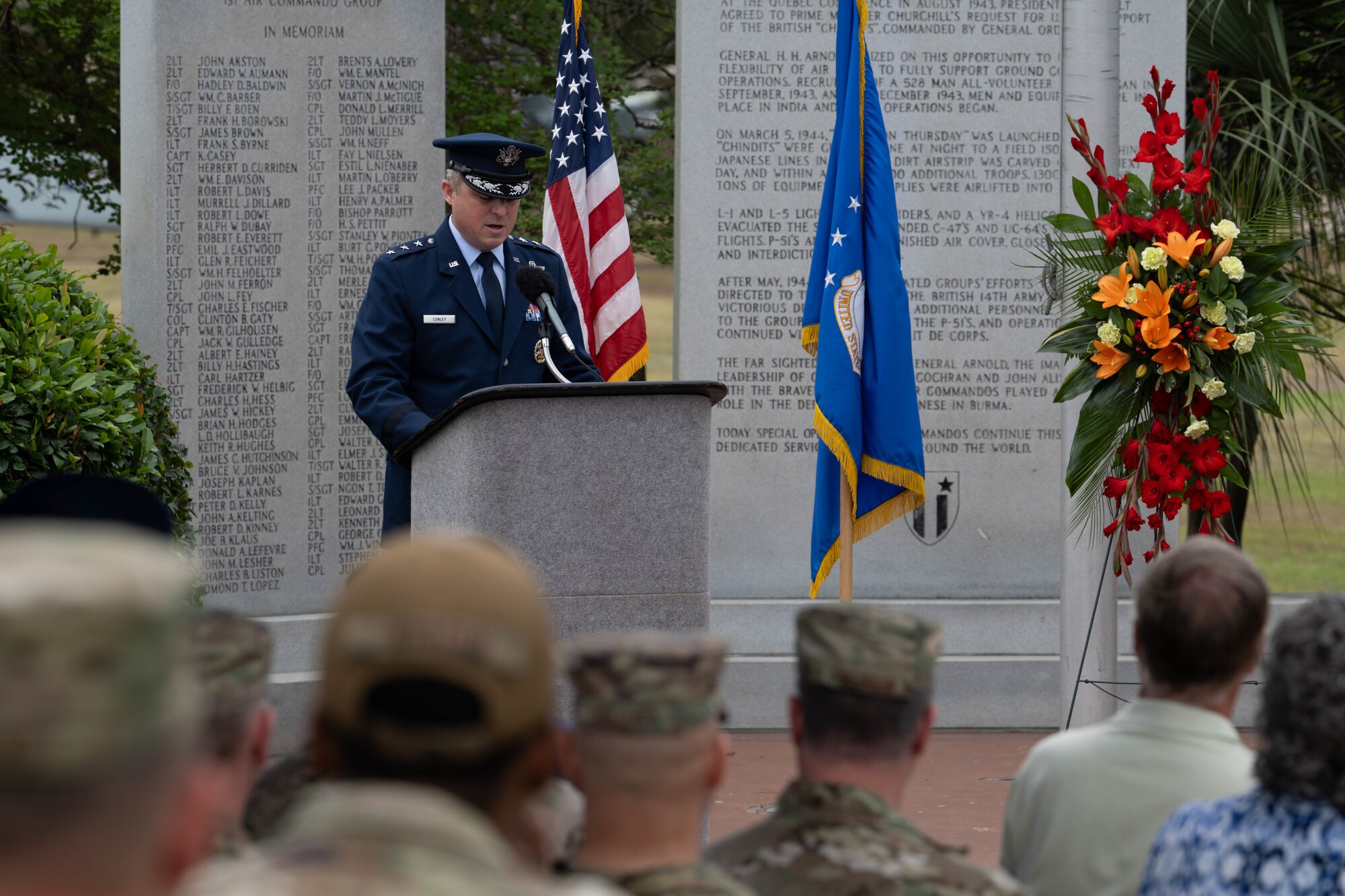 U.S. Air Force Lt. Gen. Michael Conley, commander of Air Force Special Operations Command, provides remarks during a ceremony for the 45th anniversary of Operation Eagle Claw at Hurlburt Field, Florida., April 24, 2025.