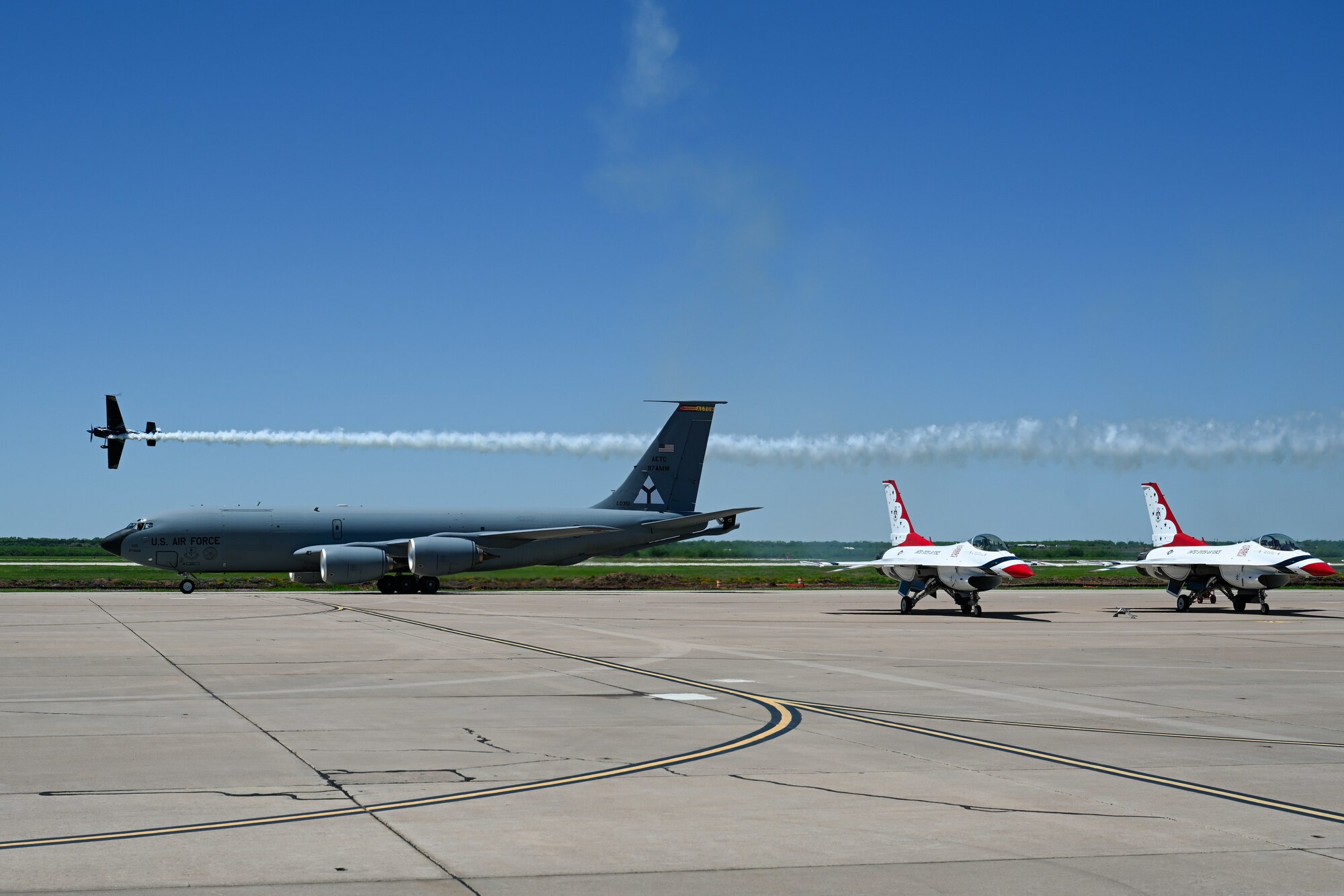 A U.S. Air Force KC-135 Stratotanker assigned to the 54th Air Refueling Squadron taxis down the flightline after performing at the Wings Over West Texas Air Show at Dyess Air Force Base, Texas, April 20, 2025. The performance showcased the Air Force’s ability to extend global reach through aerial refueling and rapid mobility operations. (U.S. Air Force photo by Airman 1st Class Jonah Bliss)
