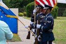 U.S. Air Force Base Honor Guardsmen present the colors at the 45th anniversary of Operation Eagle Claw remembrance ceremony at Hurlburt Field, Florida., April 24, 2025.