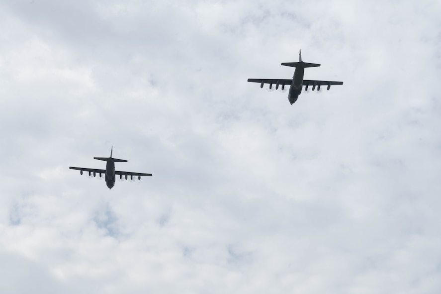 U.S. Air Force Special Operations Command aircraft conduct a flyover during the 45th Operation Eagle Claw remembrance ceremony at Hurlburt Field, Florida., April 24, 2025.