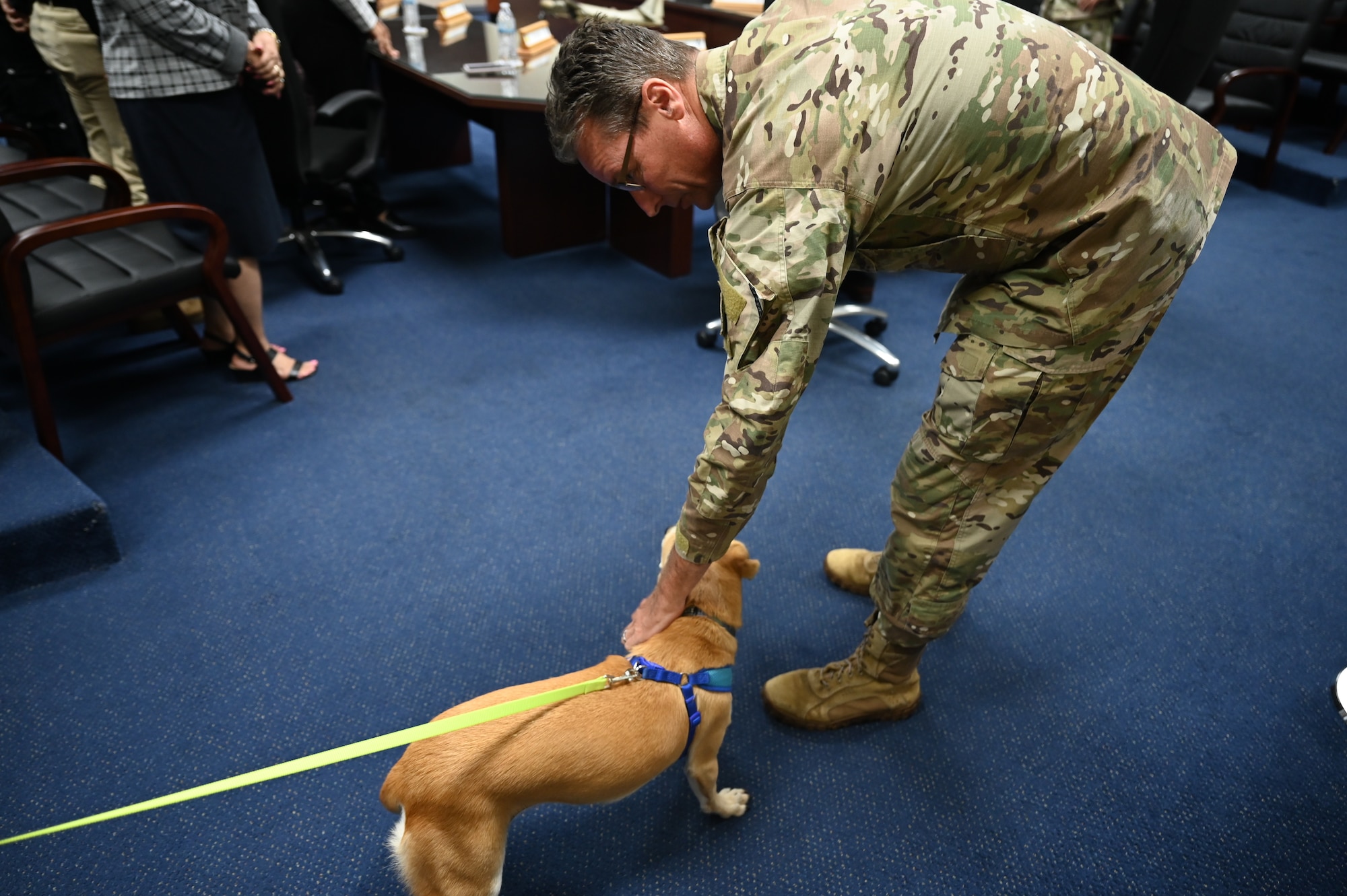 U.S. Air Force Brig. Gen. Thomas Palenske pets Nimits at the Boonie Dog support agreement signing at Andersen Air Force Base, Guam, April 24, 2025. Nimits was one of the canine attendees for the Boonie Dog proclamation signing. (U.S. Air Force photo by Airman 1st Class Adasha Williams)