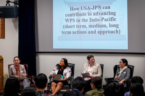 Women, Peace and Security advisors and experts from the Department of Defense and Japan Ministry of Defense hold a panel.