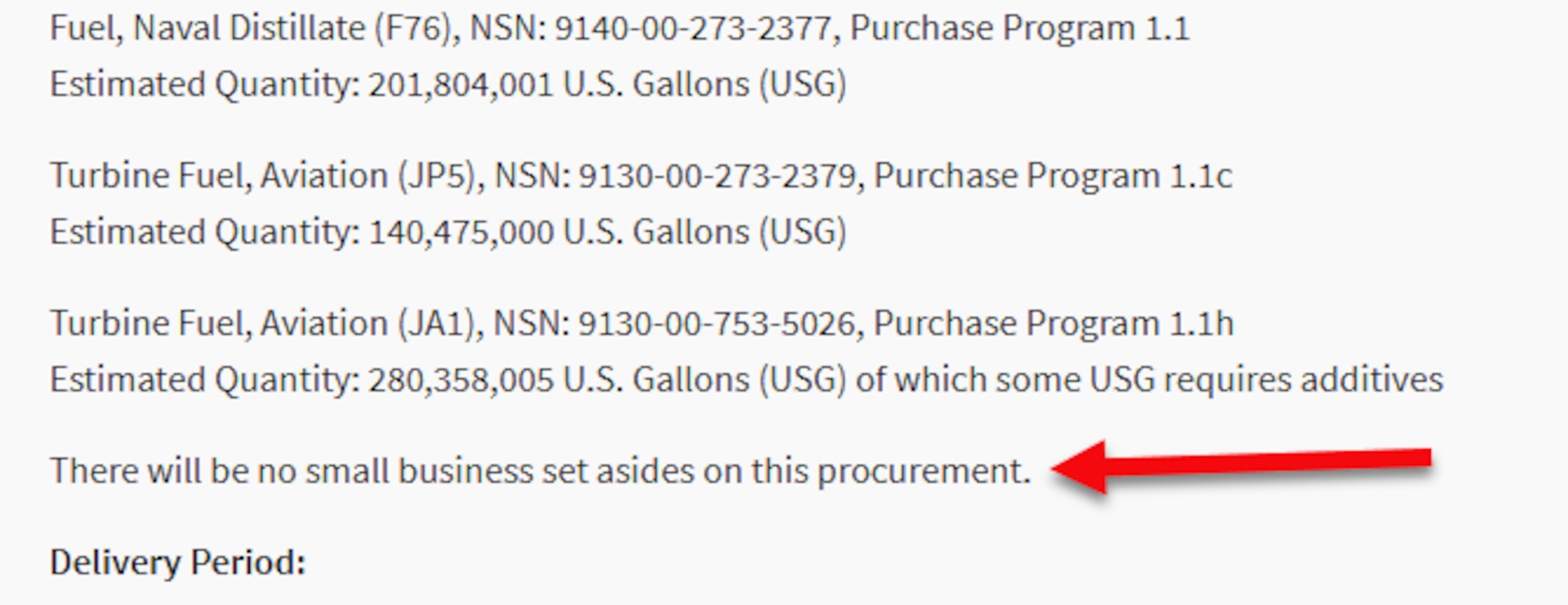 Wording from a DLA Energy Bulk Petroleum solicitation with an arrow pointing out "There will be no small business set asides on this procurement"