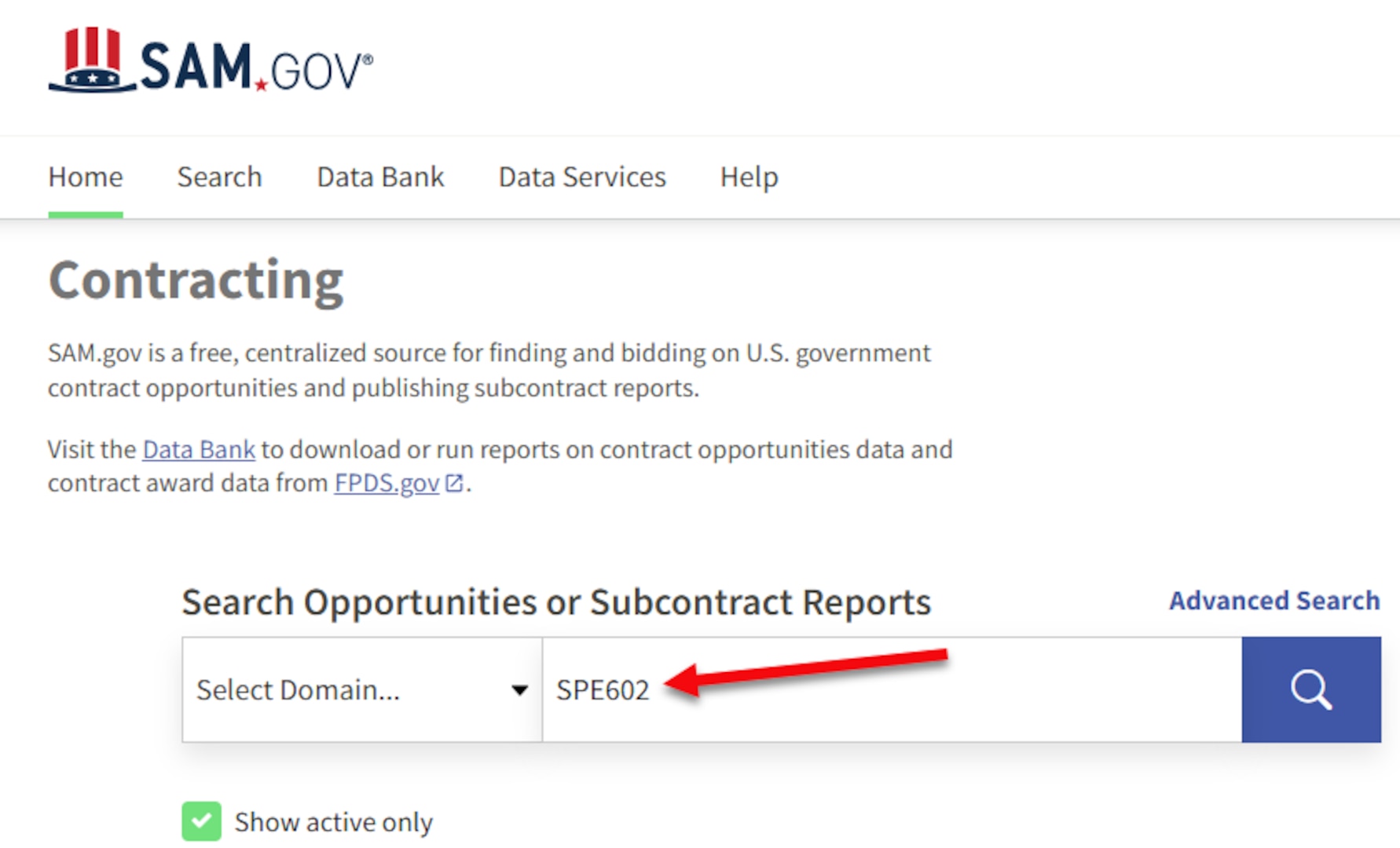 Searching SPE602 into a search bar on SAM.gov Contracting page