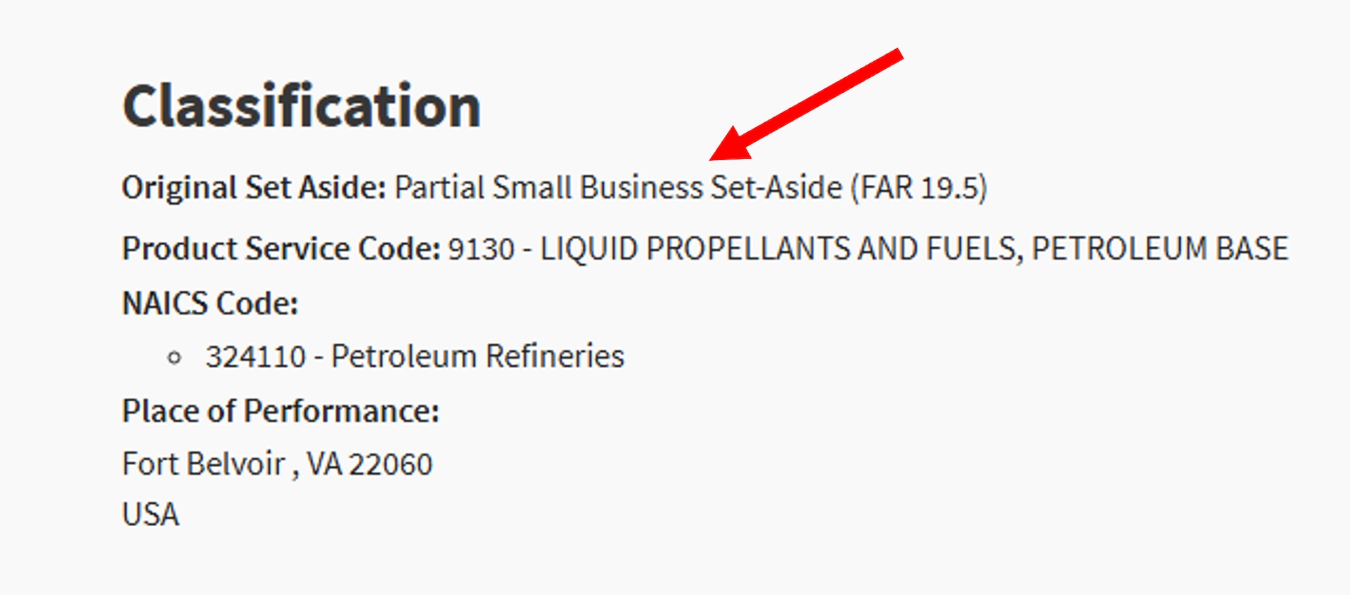 Wording for a DLA Energy Bulk Petroleum Solicitation stating Original Set Aside: Partial Small Business Set-Aside (FAR 19.5)