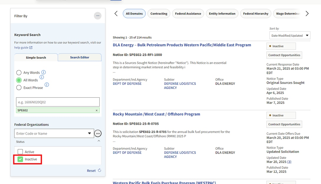 SAM.gov contracting search with a listing of solicitations with Status in Filter By section set to Inactive.