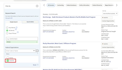 SAM.gov contracting search with a listing of solicitations with Status in Filter By section set to Inactive.