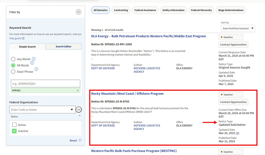 SAM.gov listing of solicitations in inactive state with an arrow pointing in a solicitating listing to Notice Type Updated Solicitation