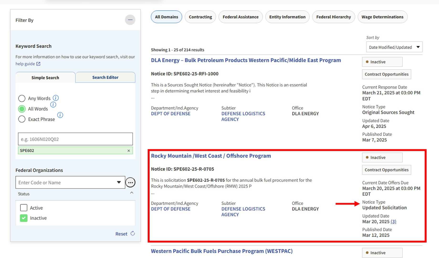SAM.gov listing of solicitations in inactive state with an arrow pointing in a solicitating listing to Notice Type Updated Solicitation