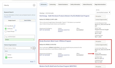 SAM.gov listing of solicitations in inactive state with an arrow pointing in a solicitating listing to Notice Type Updated Solicitation