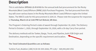 Arrow pointing to DLA Energy Bulk Petroleum solicitation wording stating expected delivery methods Tankers, Barge, Truck, Pipeline, both FOB Origin and Destination.