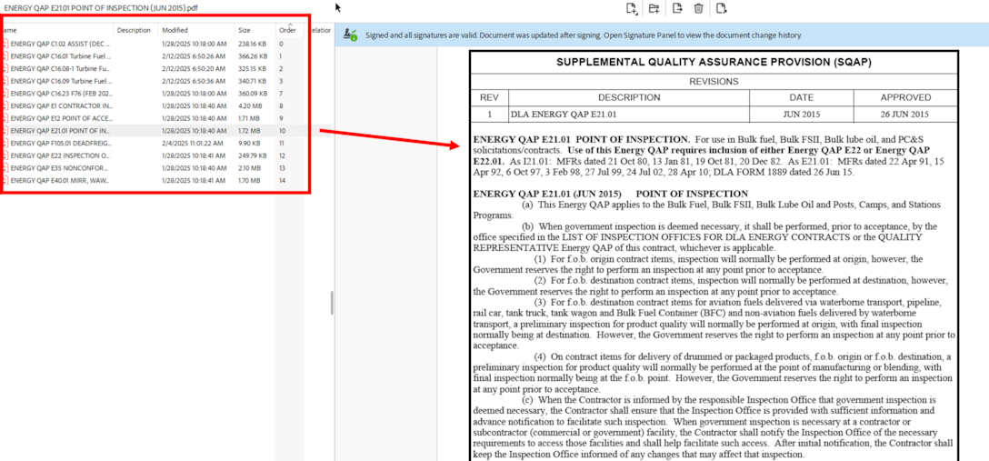 DLA Energy Bulk Petroleum Quality Assurance Provisions (QAPs) attachment in Adobe opened to show all attached QAPS in the document set and when selected opens the document to the right.