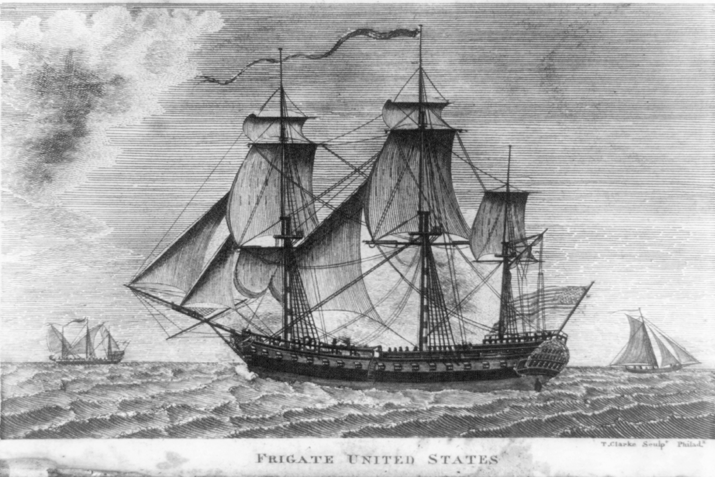 USS United States: A black and white drawing depicts an old ship sailing at sea next to two smaller boats.