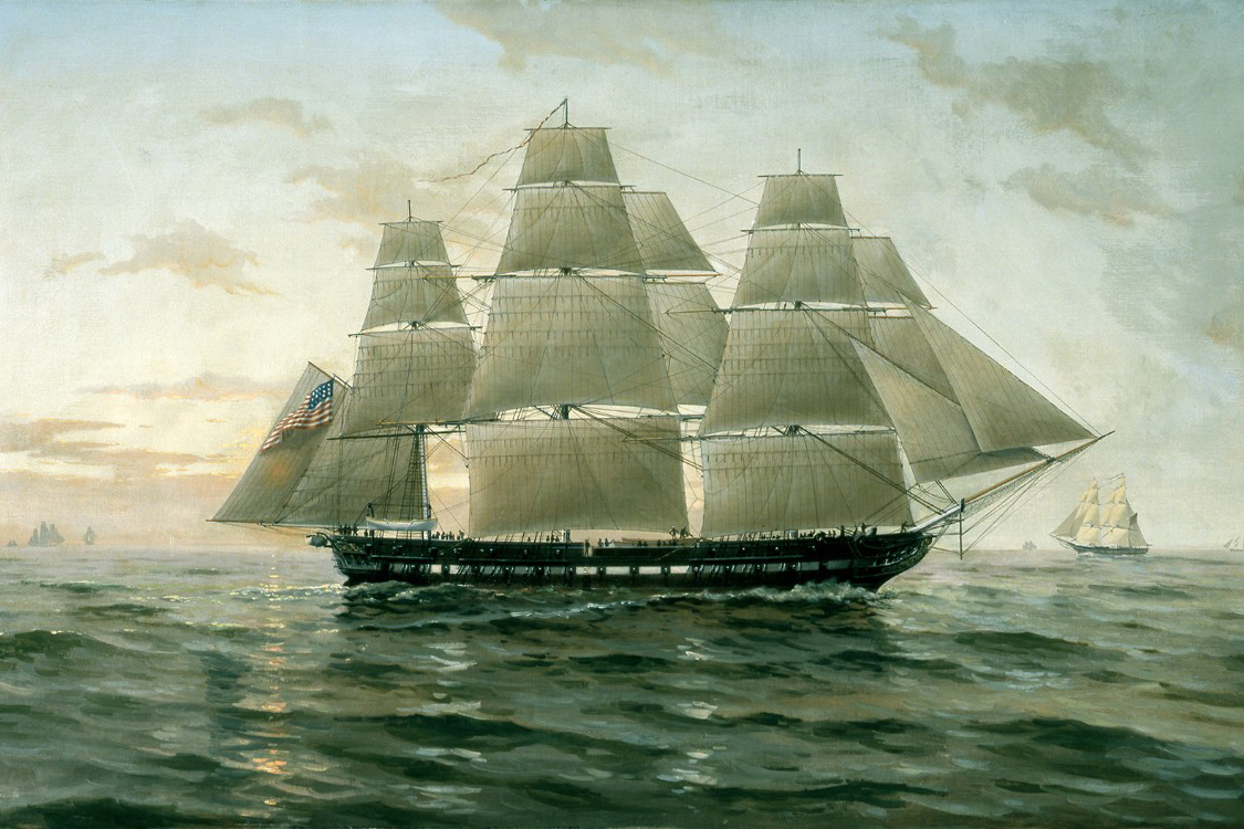 USS Chesapeake: A painting depicts an old ship sailing with other ships in the background.