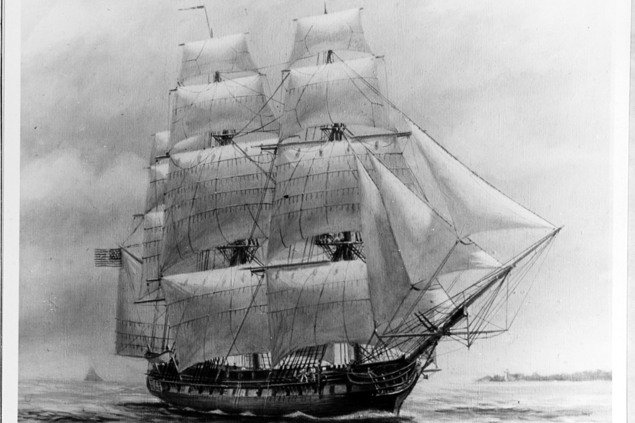 USS Constellation: A black and white drawing depicts an old ship sailing with wind in its sails.