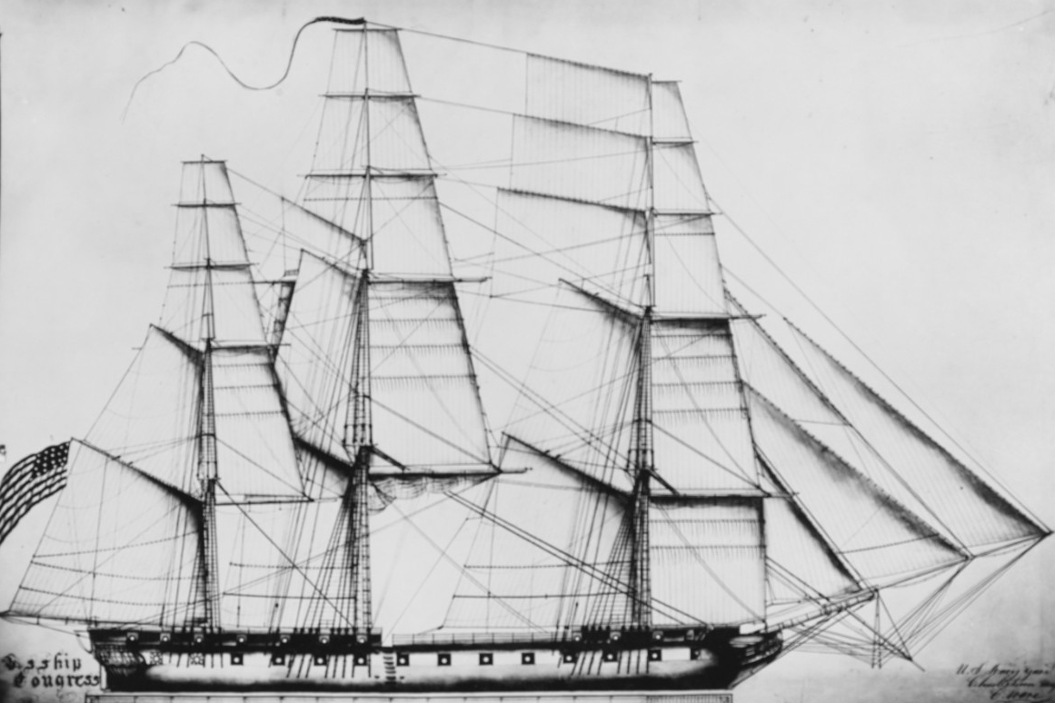 USS Congress: A black and white drawing depicts an old ship with an American flag flying off the back.