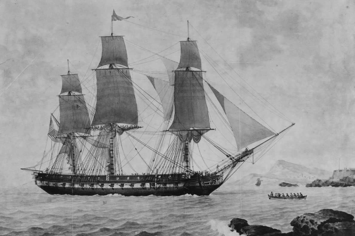 USS President: A black and white drawing depicts a ship sailing next to a small rowboat.