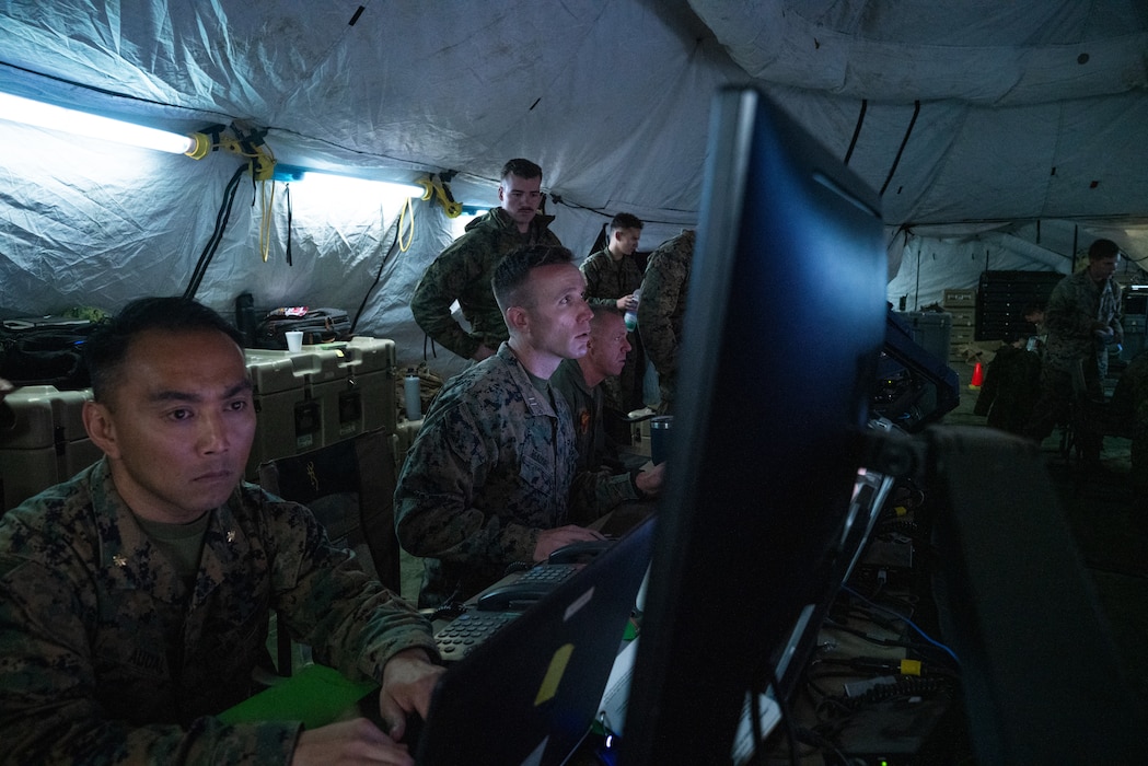 U.S. Marines with Marine Tactical Air Command Squadron (MTACS) 48, 4th Marine Aircraft Wing, conduct various simulated mission scenarios during Northern Lightning 23 at Volk Field Air National Guard Base, Wisconsin, Aug. 14, 2023. Northern Lightning is one of the seven Air National Guard joint accredited readiness exercises that increases military readiness by providing participating units a tactical, joint training environment to execute realistic combat training. (U.S. Marine Corps photo by Cpl. Ujian Gosun)