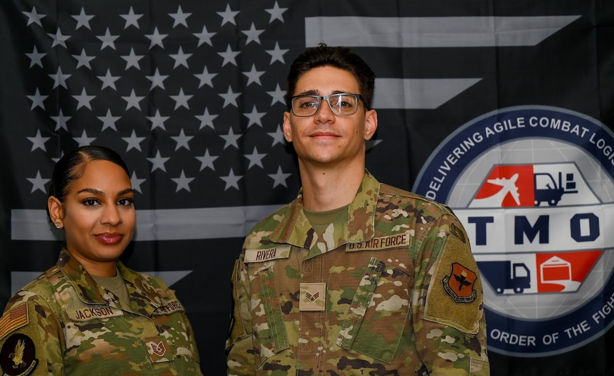 U.S. Air Force Tech. Sgt. India Jackson, section chief and Senior Airman Joseph Rivera, 42nd Logistics Readiness Squadron passenger travel technician, pose for a photo at Maxwell Air Force Base, Alabama, April 24, 2025