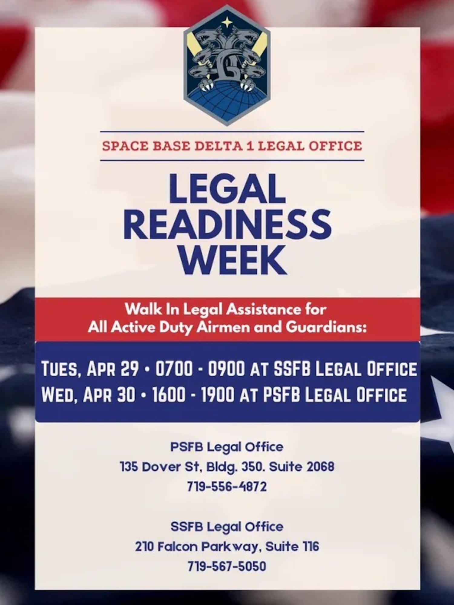 Space Base Delta 1 legal office graphic promoting walk in services for active duty service members on April 29 and April 30 at Peterson and Schriever SFB.
