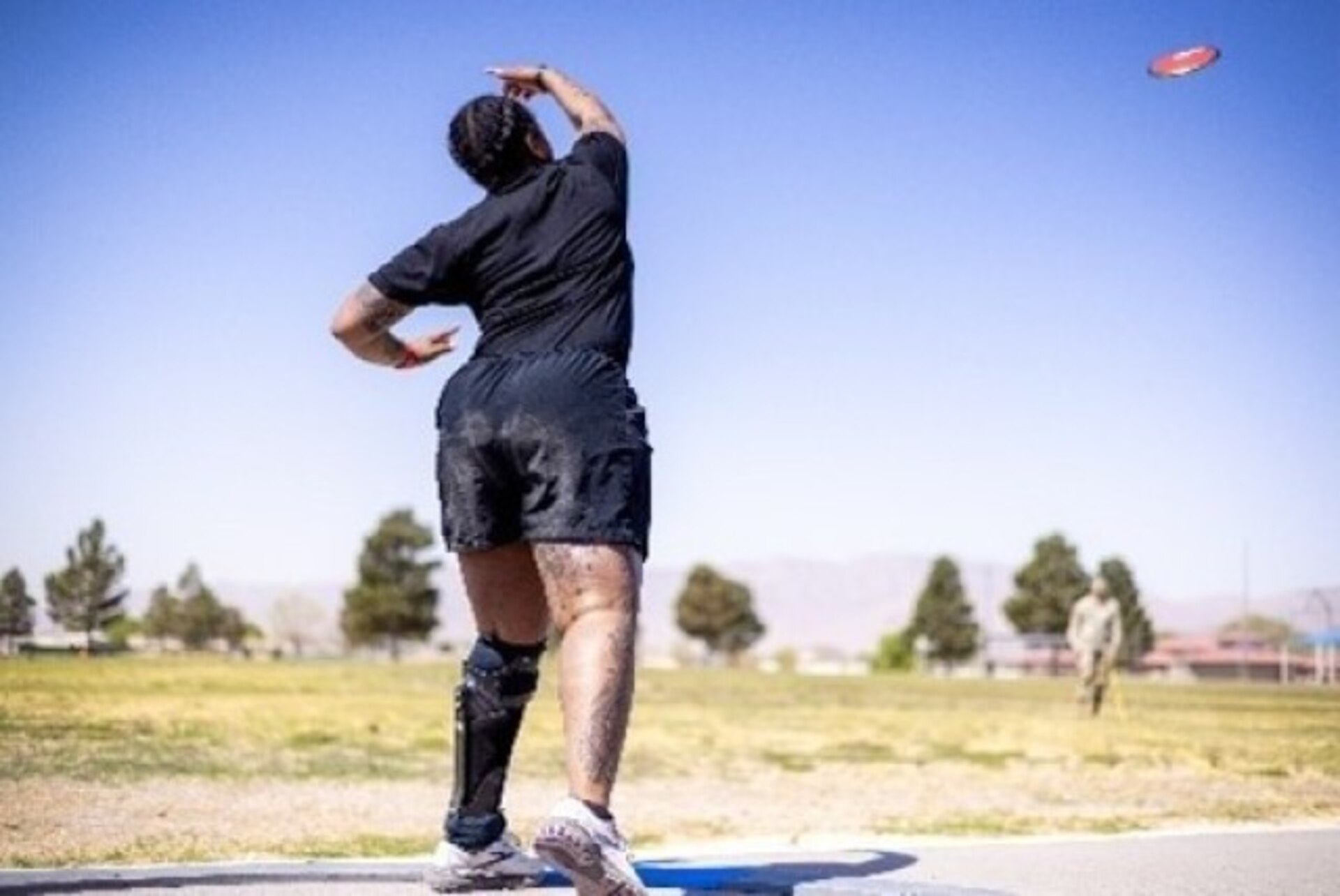 U.S. Army Sgt. 1st Class Valerie Watkins throws a discus during the field competition at the 2025 Army Trials, Fort Bliss, Texas, April 8, 2025.