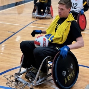 Staff Sgt. Coty Tuck during wheelchair rugby drills at the 2025 Army Trials on Fort Bliss, Texas, April 3, 2025.