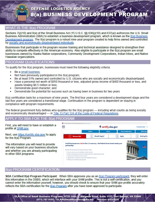 8(a) Business Development Program flyer provides information on what the program is, qualifications, how to apply, and certification.