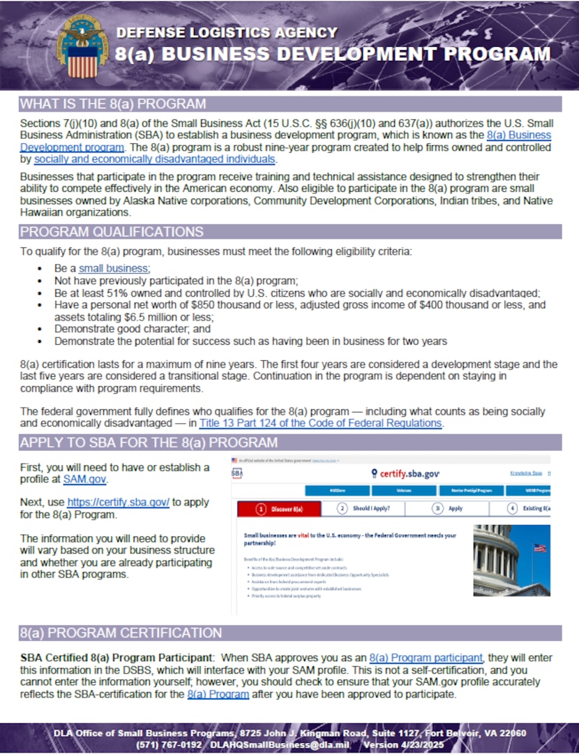 8(a) Business Development Program flyer provides information on what the program is, qualifications, how to apply, and certification.