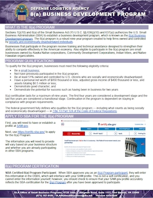 8(a) Business Development Program flyer provides information on what the program is, qualifications, how to apply, and certification.