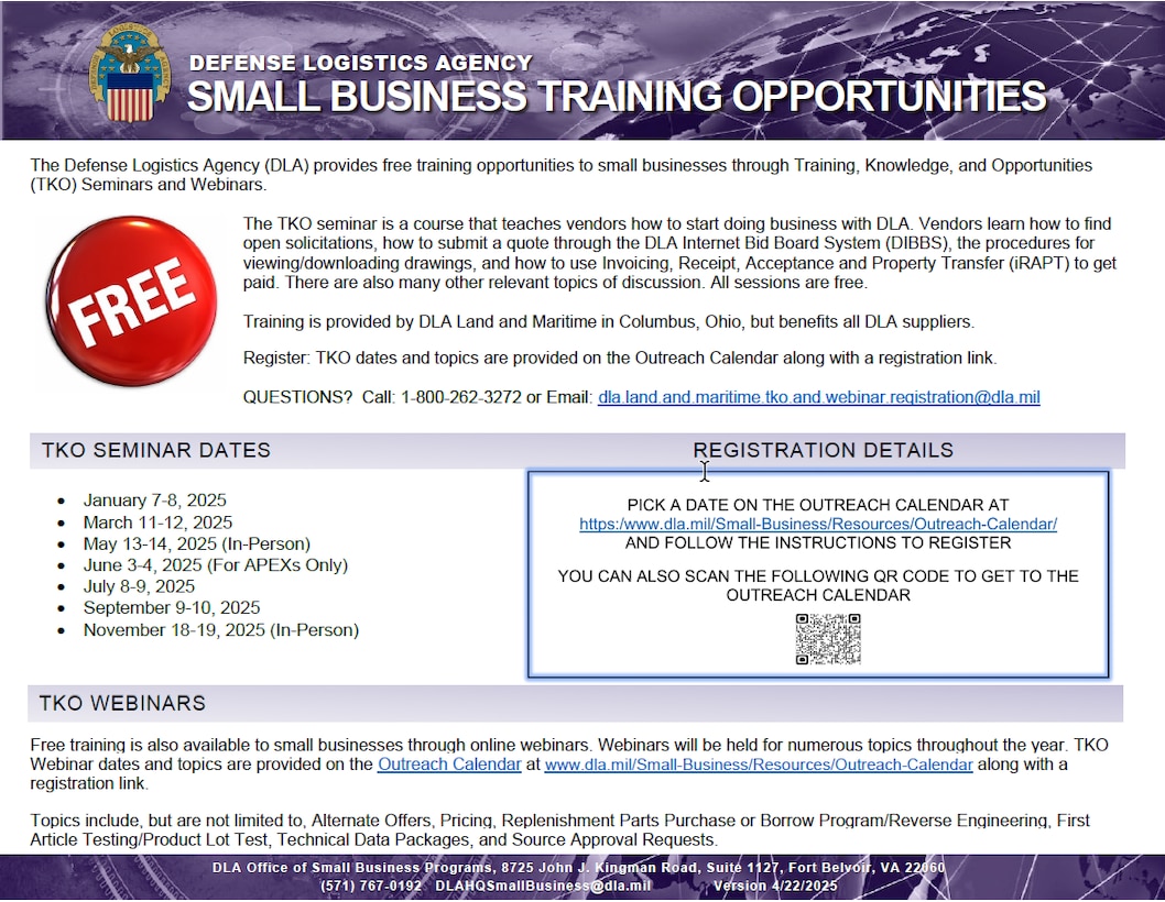Small Business Training Opportunities flyer provides information on training seminar dates and webinars.