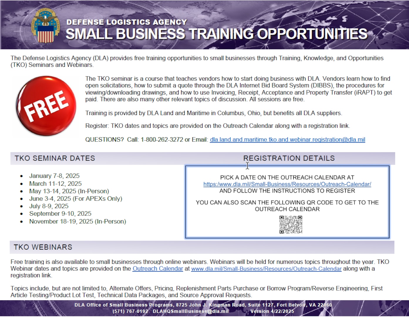 Small Business Training Opportunities flyer provides information on training seminar dates and webinars.