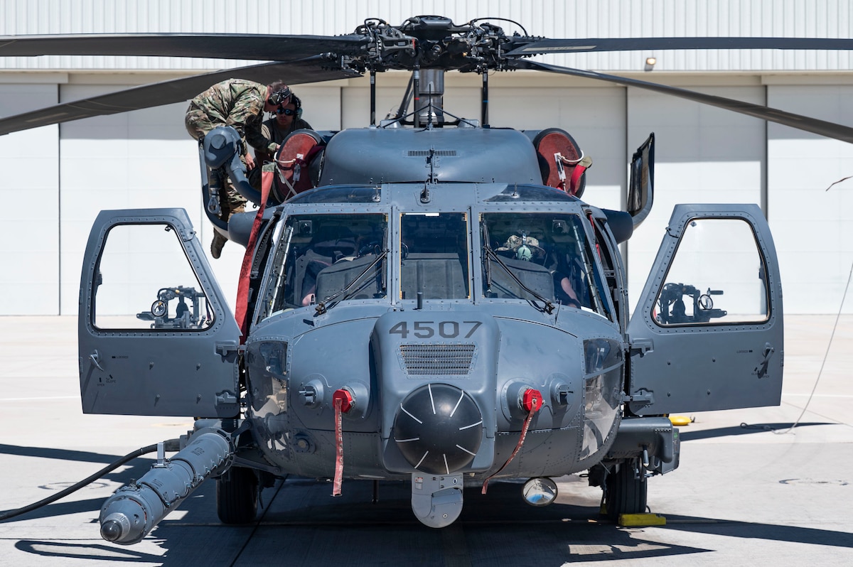 U.S. Air Force Airmen assigned to the 55th Rescue Generation Squadron perform detailed inspections on an HH-60W Jolly Green II helicopter during scheduled maintenance to ensure operational readiness at Davis-Monthan Air Force Base, Arizona, April 23, 2025. Maintainers play a critical role in ensuring the fleet’s readiness, working tirelessly to keep aircraft in top condition for missions that require precision, speed and reliability. (U.S. Air Force photo by Airman Samantha Melecio)