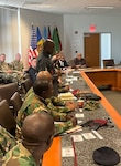 The Republic of Zambia's Brig. Gen. Choonga Mutandalike speaks to senior leaders from the North Carolina National Guard, representatives from the Republics of Moldova, Botswana, Malawi, and Zambia at a hurricane response symposium in Raleigh, N.C. April 22, 2025. The symposium was part of a six-day event hosted by the National Guard’s State Partnership program, reviewing and sharing lessons learned from Hurricane Helene.