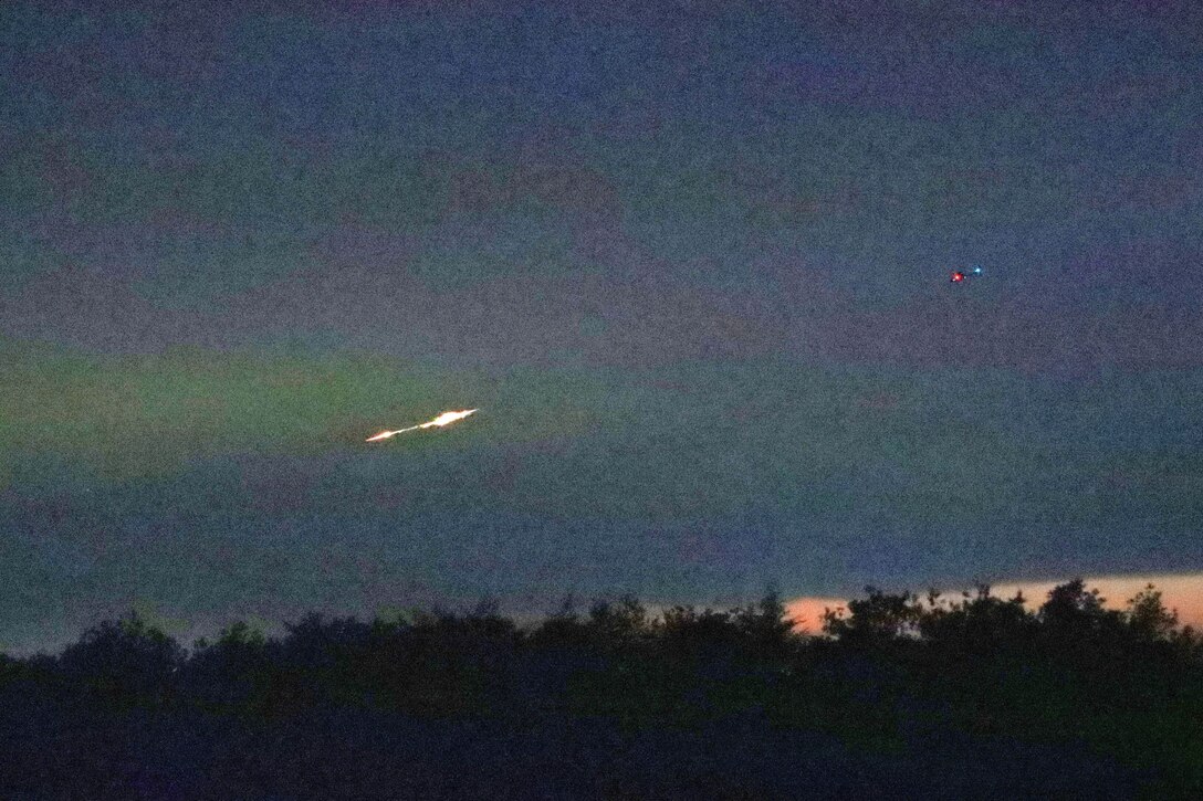 A rocket streaks through the sky heading towards its targets at range 59C on Fort Dix. The Marine Light Attack Helicopter Squadron 773 (HMLA-773) is a United States Marine Corps helicopter squadron. The squadron is based at Joint Base McGuire–Dix–Lakehurst, NJ and falls under the command of Marine Aircraft Group 49 (MAG-49).  (Images provided by the Fort DIX USASA Training Division / Steven Roussel)