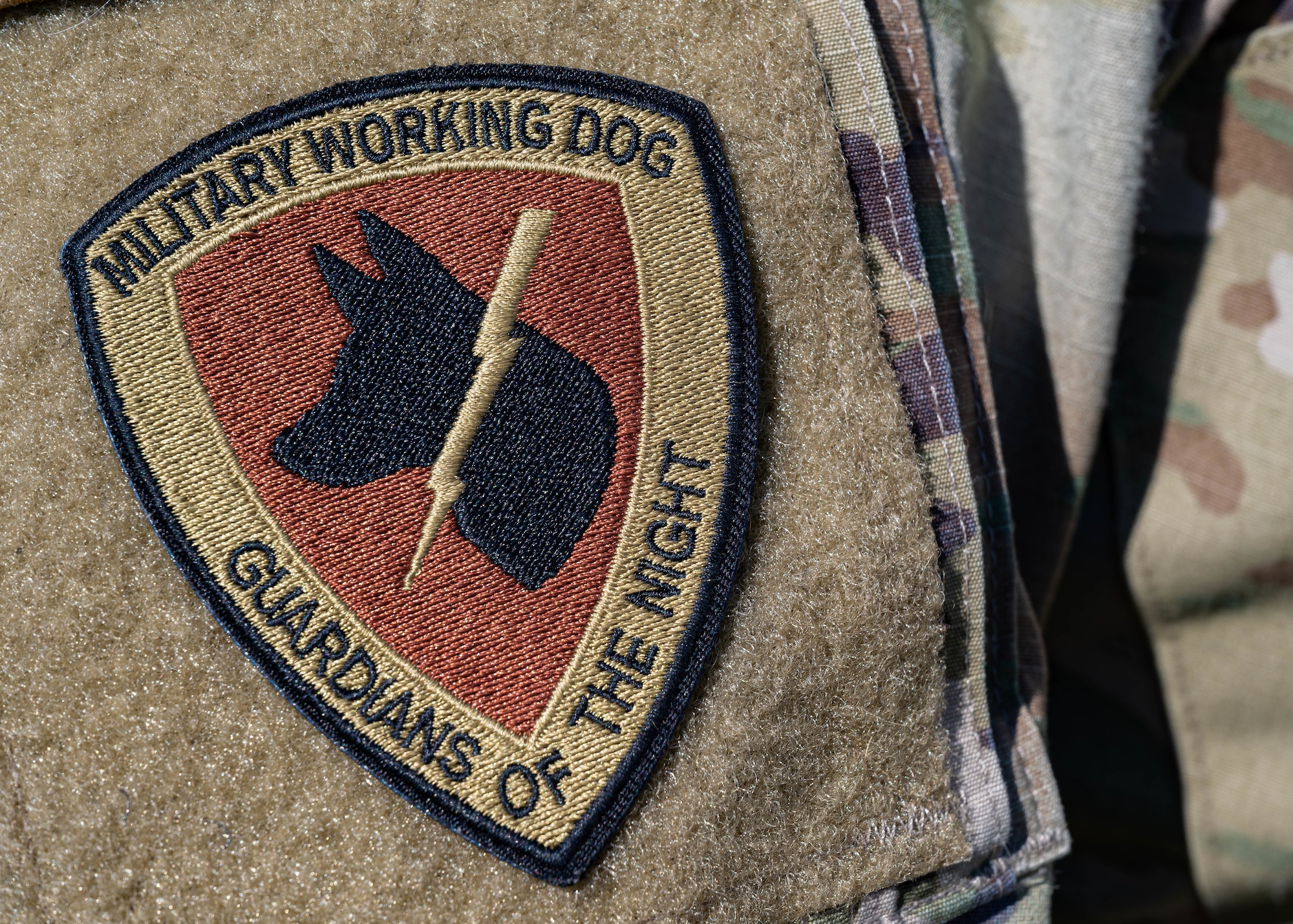 A 5th Security Forces Squadron military working dog patch is worn by U.S. Air Force Staff Sgt. Sandra Ohta-Jones Harris, 5SFS military working dog handler, at Minot Air Force Base, North Dakota, April 21, 2025. The 5SFS’s military working dogs are trained to support a variety of operations, including drug detection, explosive ordnance detection and security patrols. (U.S. Air Force photo by Senior Airman Kyle Wilson)