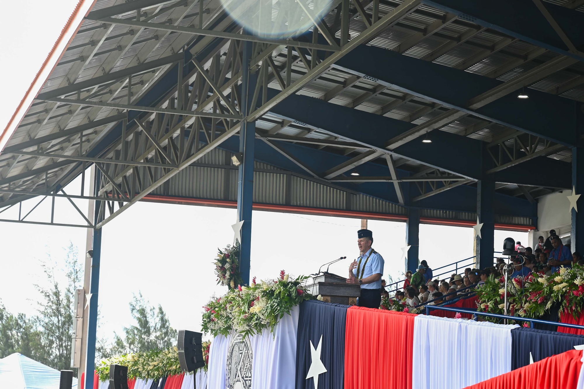 U.S. Air Force Brig. Gen. Alan Matney, Pacific Air Forces mobilization augmentee to the PACAF deputy commander, gives a speech during the 125th American Samoa Flag Day celebration at Pago Pago, American Samoa, April 17, 2025. The ceremony honored 125 years of shared history between the United States and American Samoa, commemorating a bond forged through peace, mutual respect, and unity. The event featured a flag-raising ceremony, parades, traditional dance, and performances that reflected the territory’s cultural pride and enduring partnership with the United States. (U.S. Air Force photo by Senior Airman Melody Bordeaux)